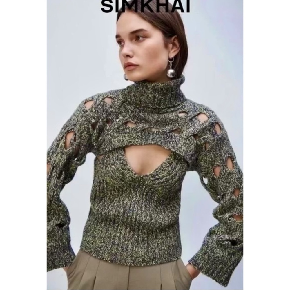 Jonathan Simkhai Olive Green Cutout Cowl Turtleneck Sweater